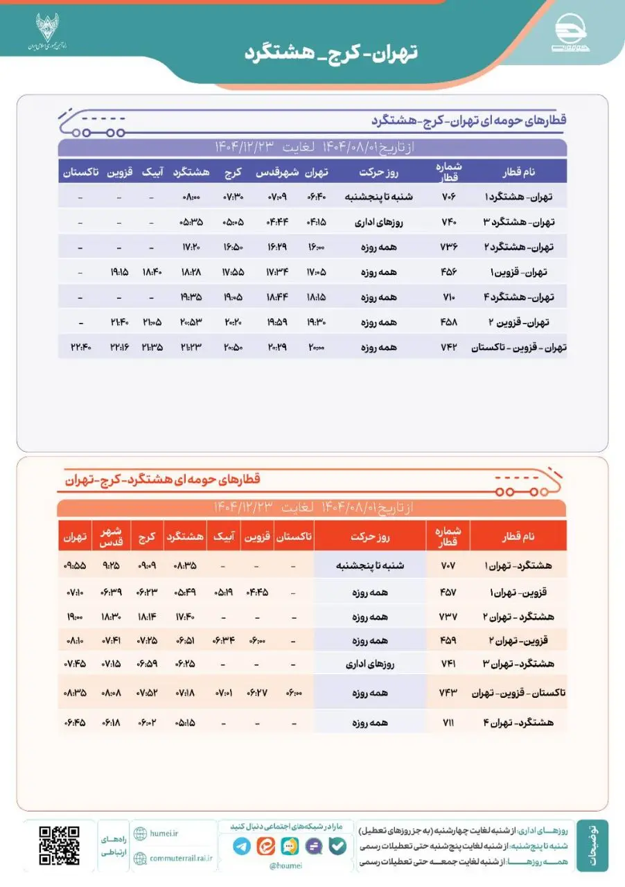 برنامه حرکت قطارهای حومه ای  تهران کرج هشتگرد
