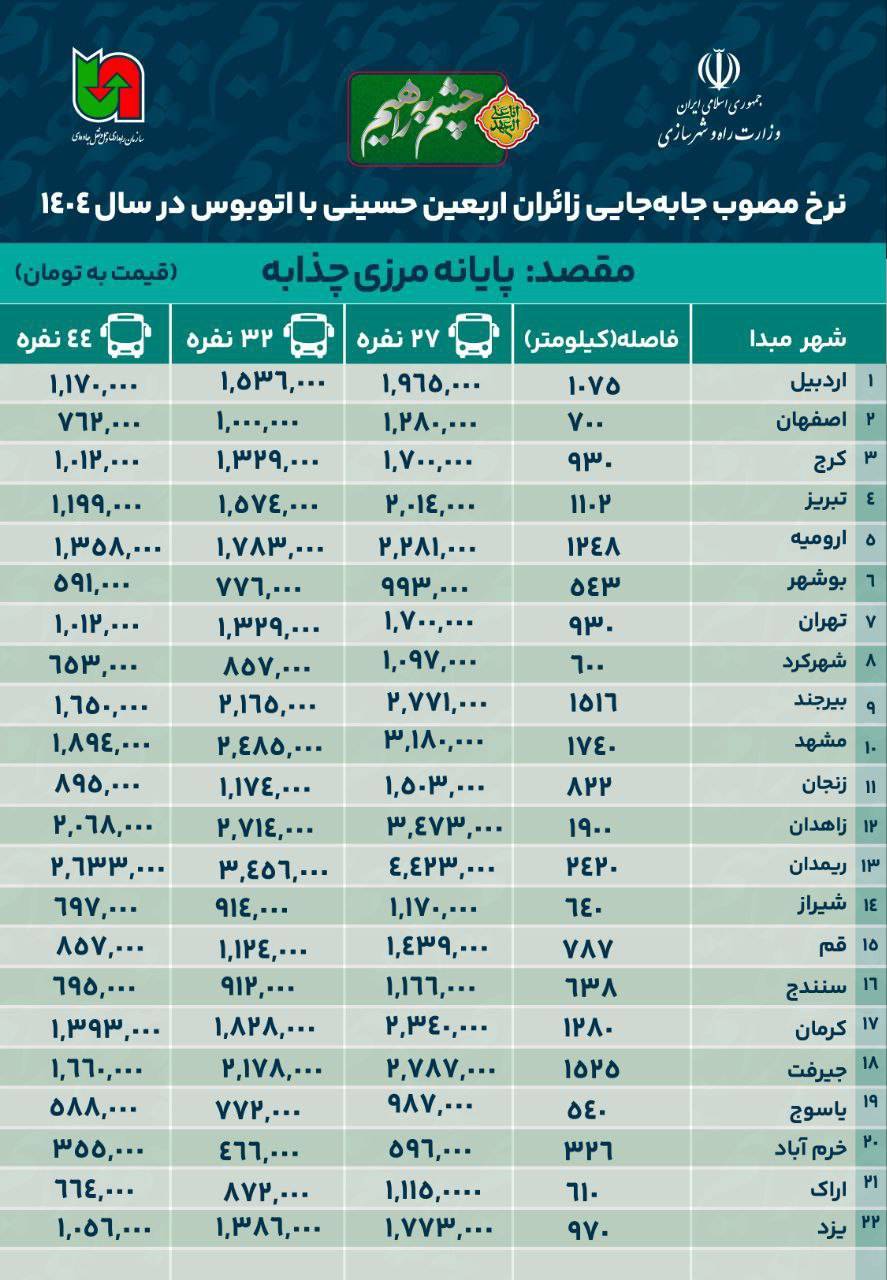 نرخ بلیت اتوبوس به مرزهای شش گانه در اربعین