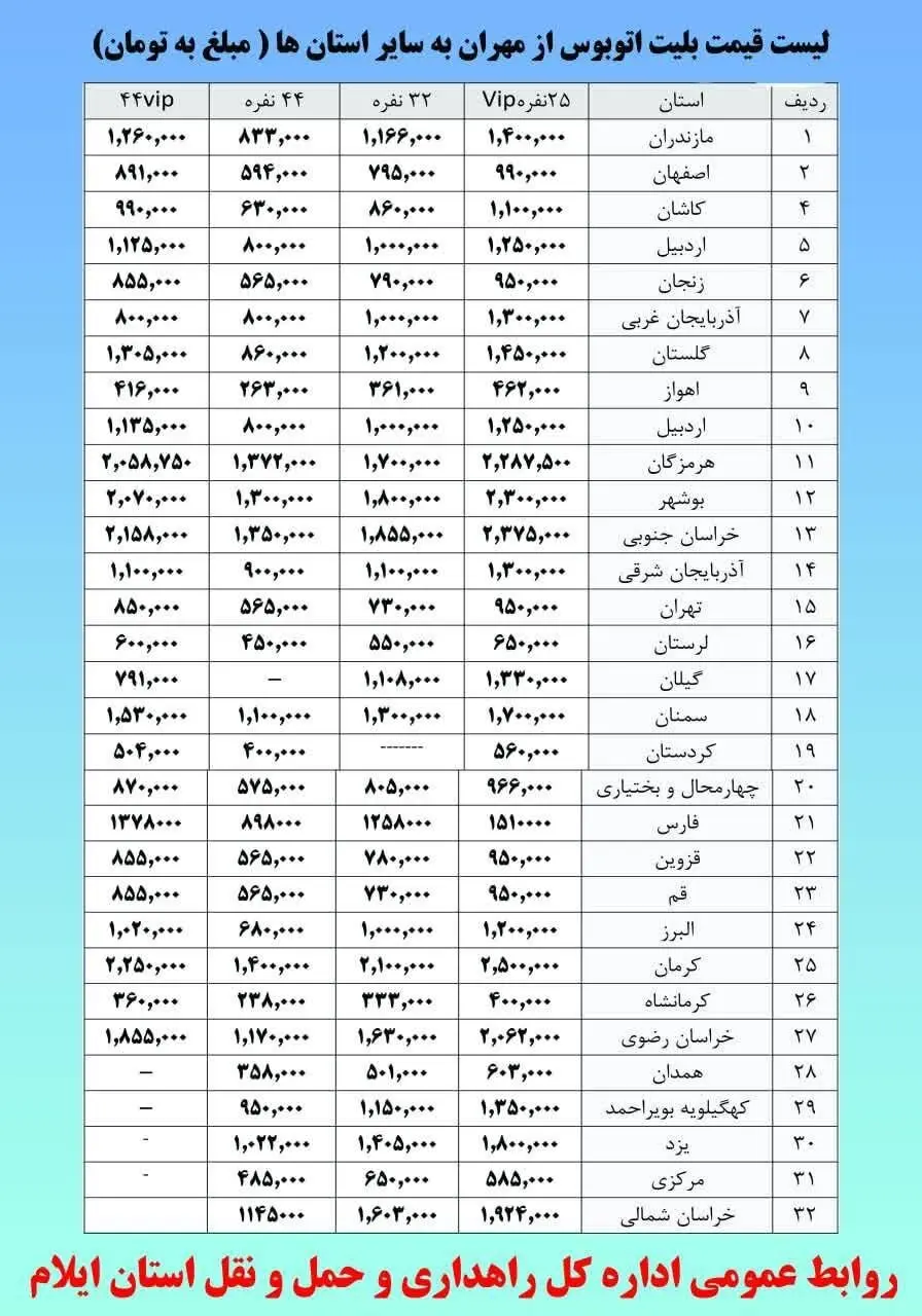 قیمت بلیت اتوبوس از مهران به سایر استان ها