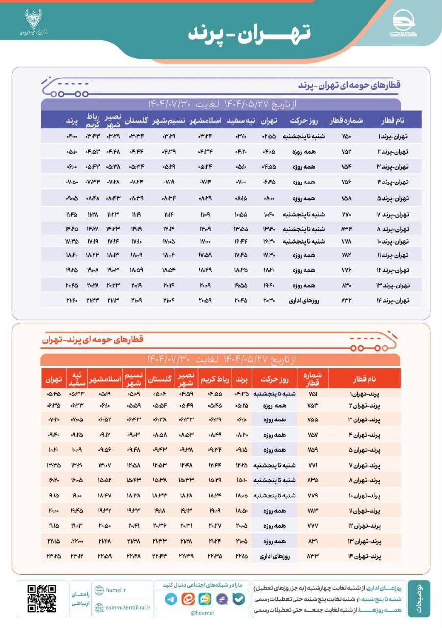 برنامه حرکت قطارهای حومه ای کشور