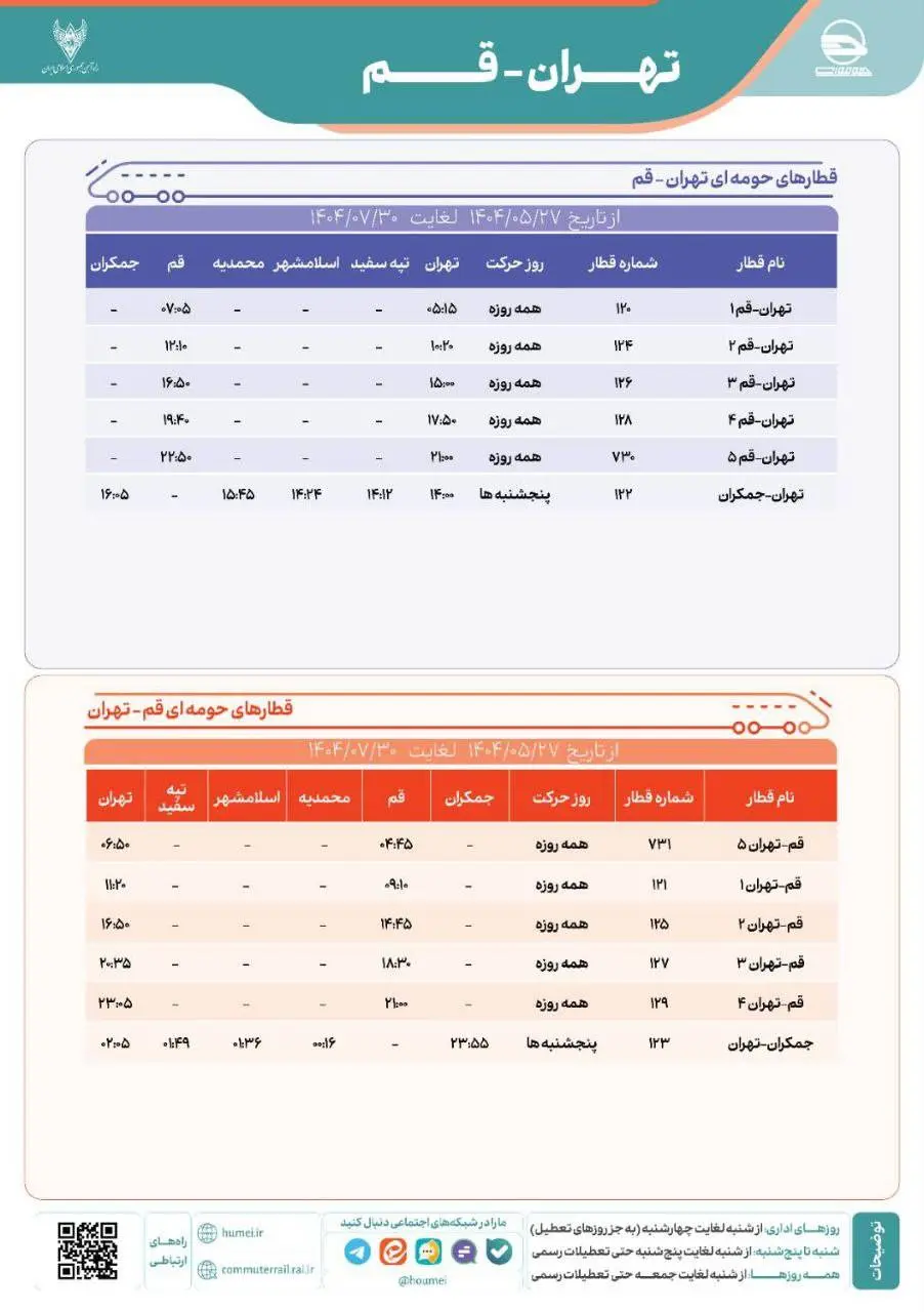 برنامه حرکت قطارهای حومه ای کشور