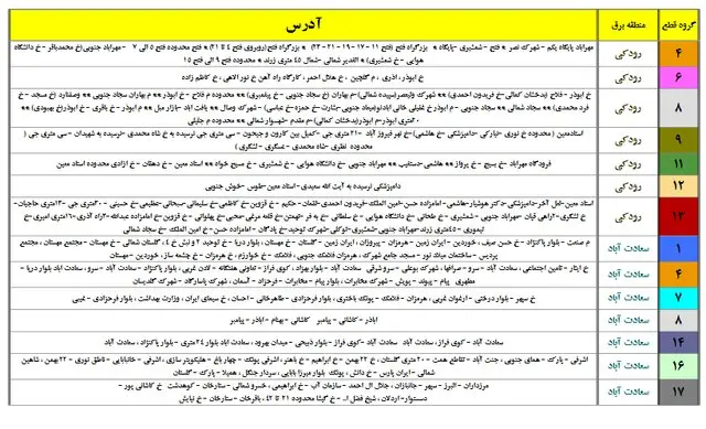 جدول خاموشی تهران 1400