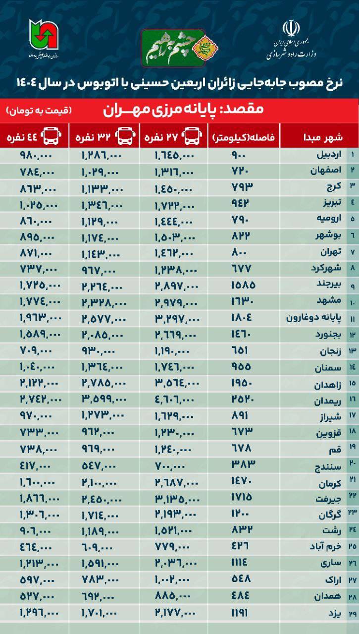 نرخ بلیت اتوبوس به مرزهای شش گانه در اربعین