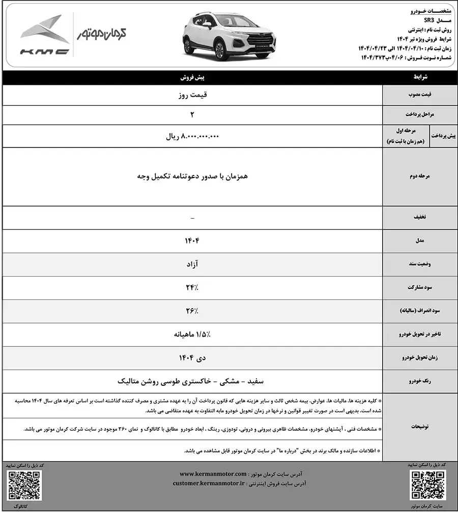 طرح پیش فروش خودرو کرمان موتور