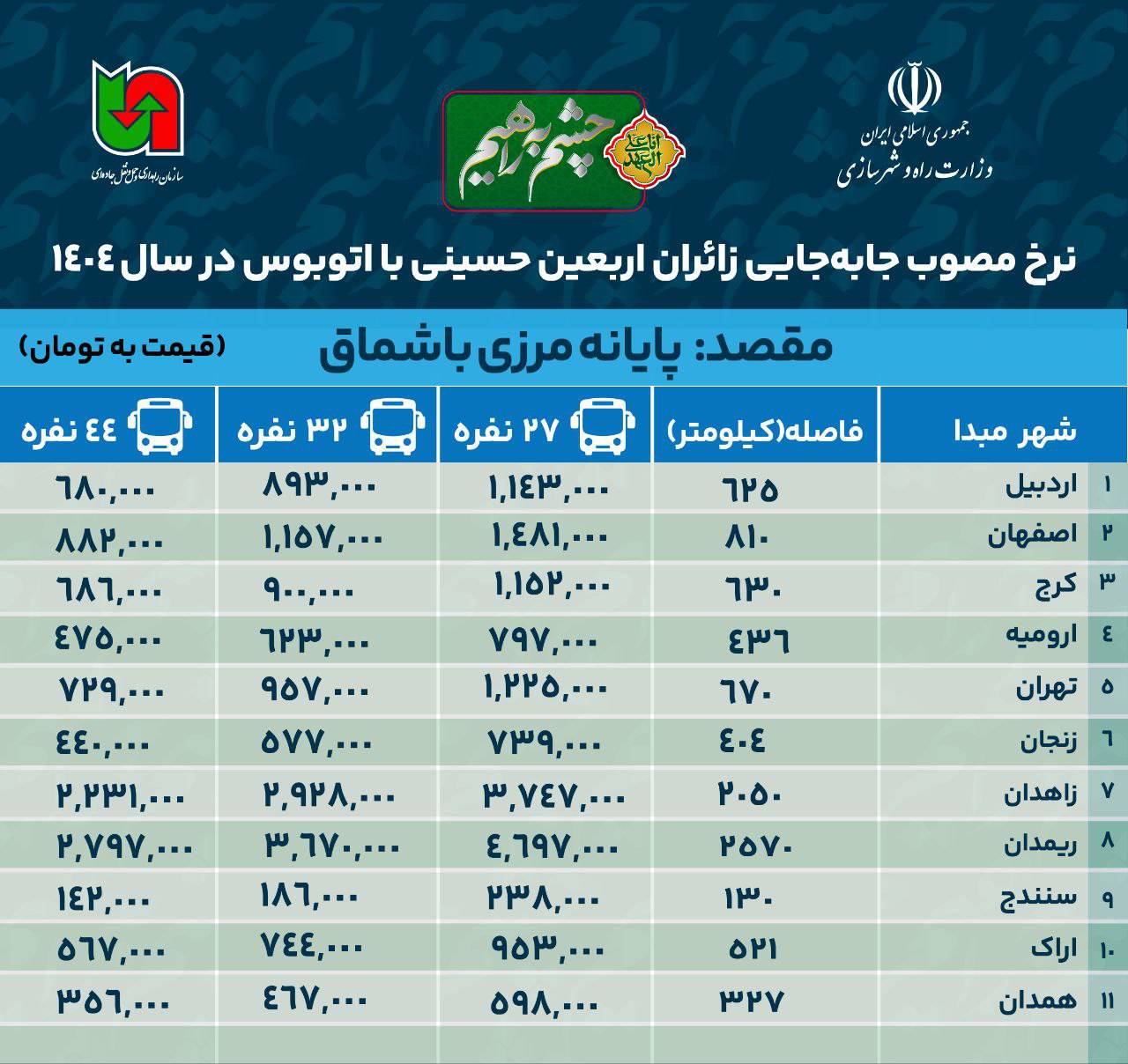 نرخ بلیت اتوبوس به مرزهای شش گانه در اربعین