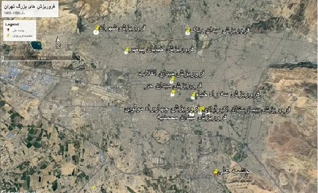 نقشه جانمائی فروریزش های رخ سطح شهر تهران از سال ۱۳۹۶ تاکنون
