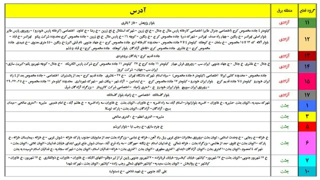 جدول خاموشی تهران 1400