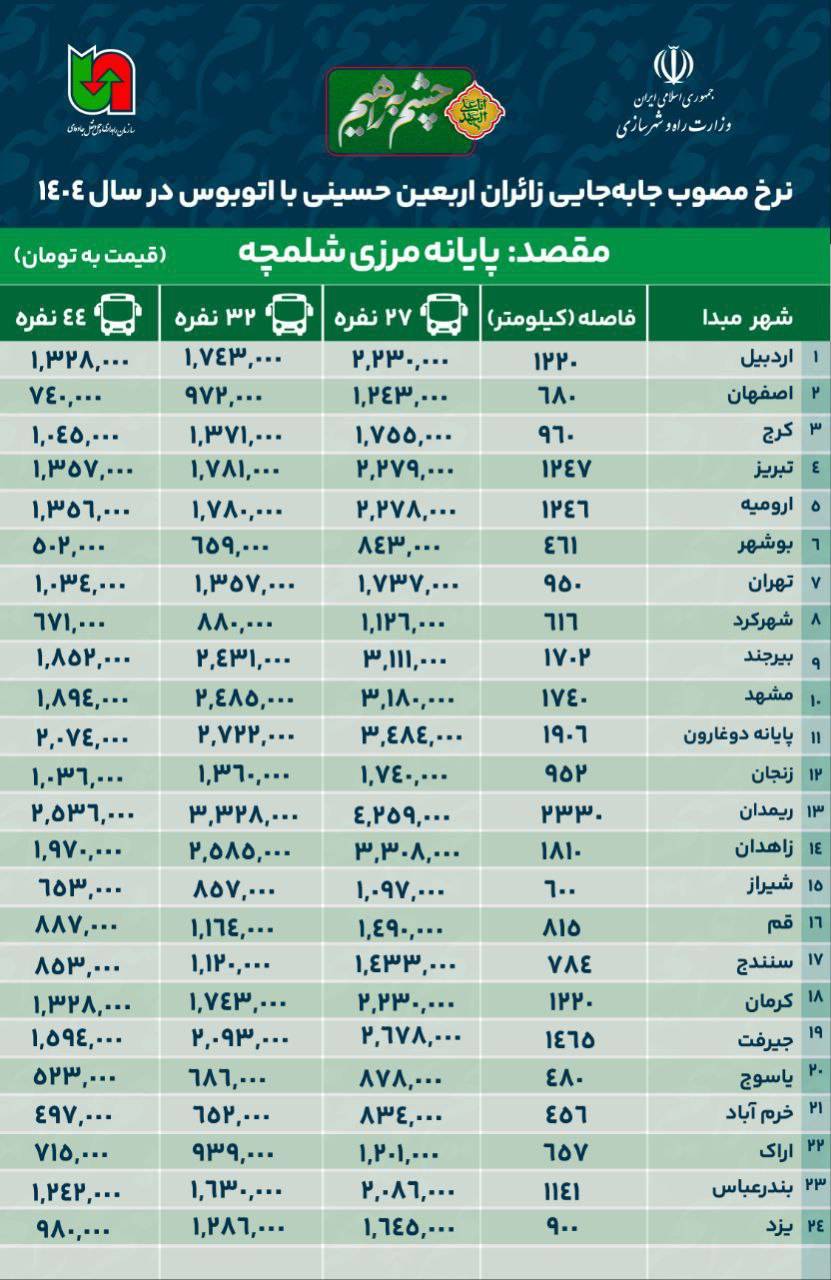نرخ بلیت اتوبوس به مرزهای شش گانه در اربعین
