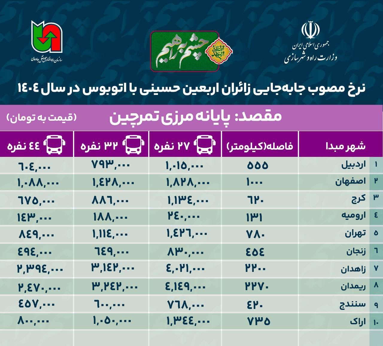 نرخ بلیت اتوبوس به مرزهای شش گانه در اربعین