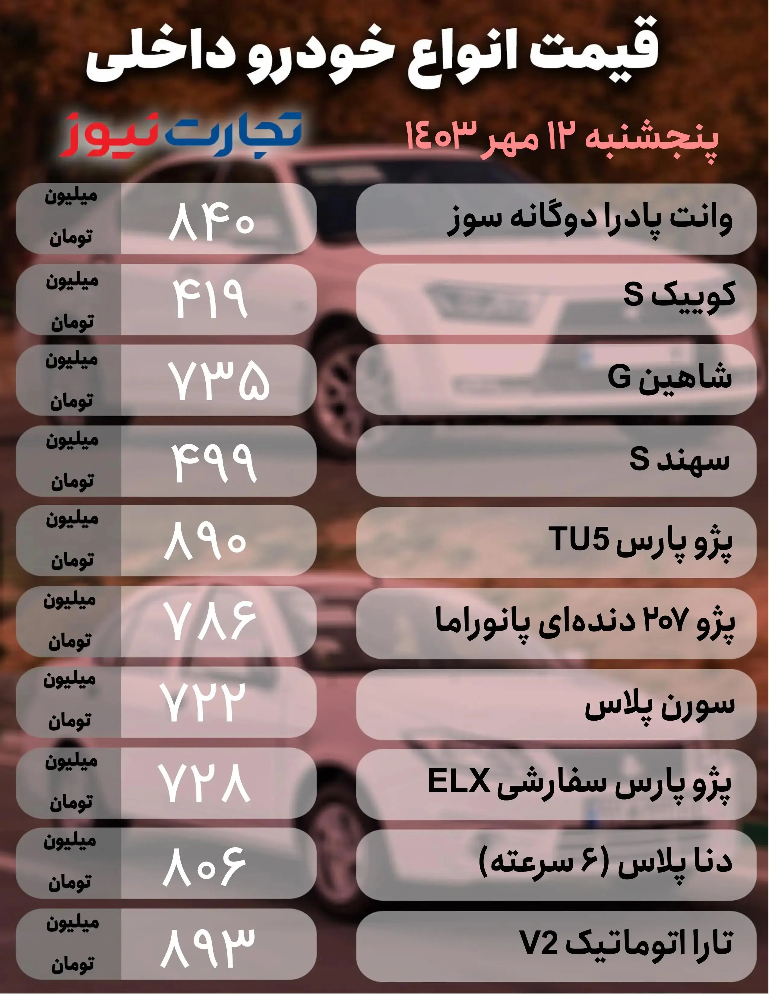 قیمت خودرو داخلی مهر 1403