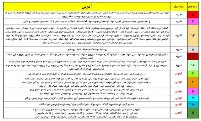 جدول خاموشی تهران 1400