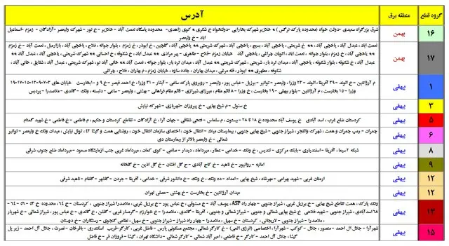 جدول خاموشی تهران 1400