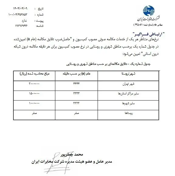 بیانیه شرکت مخابرات ایران