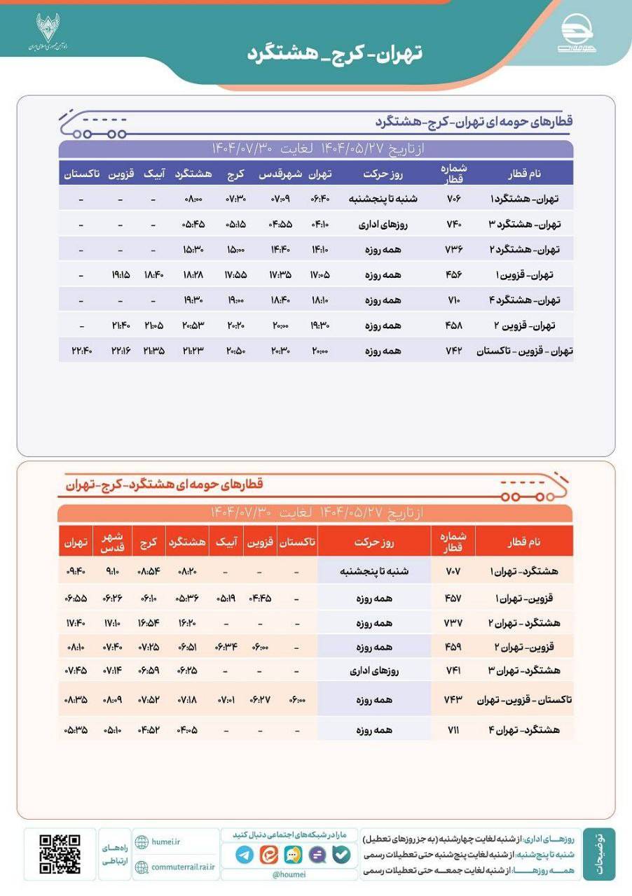 برنامه حرکت قطارهای حومه ای کشور