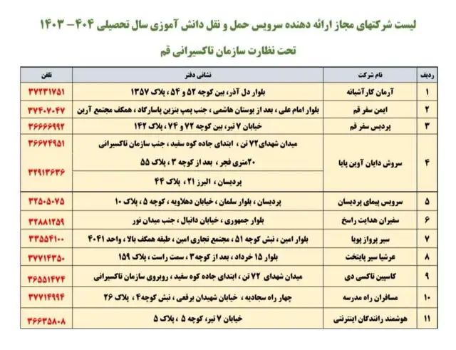 شرکت های حمل و نقل مجاز سرویس مدارس قم