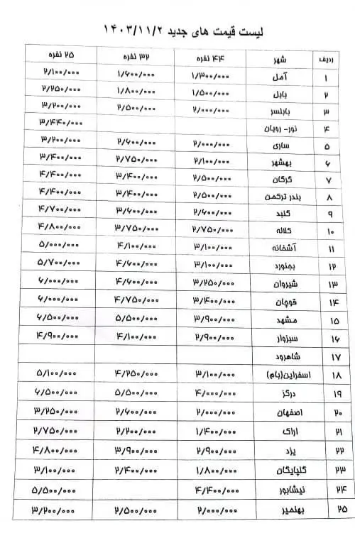 لیست قیمت اتوبوس برون شهری