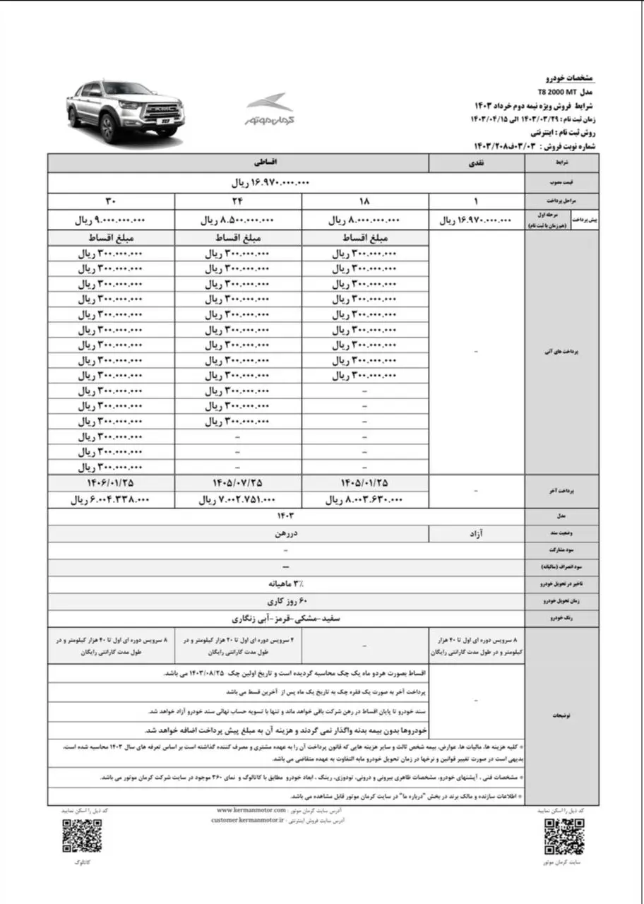 فروش اقساطی سه محصول کرمان موتور 2