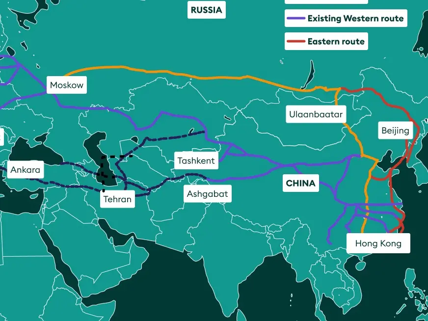 نقشه کریدور ریلی چین ایران