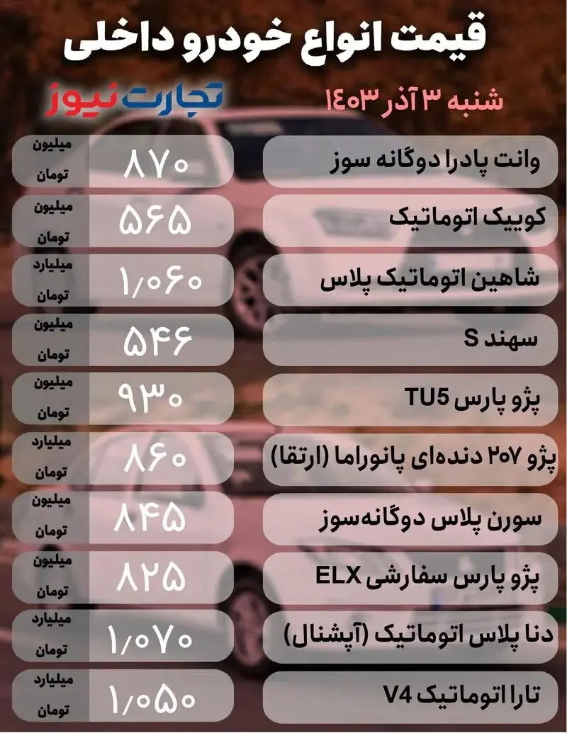 قیمت خودرو داخلی