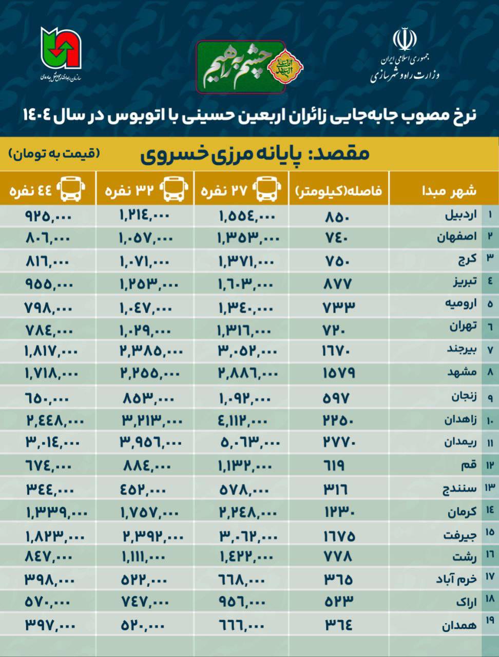 نرخ بلیت اتوبوس به مرزهای شش گانه در اربعین