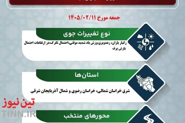 پیش‌ بینی تغییرات جوی در جاده‌ های کشور در روز جمعه ۱۱ اردیبهشت‌ماه ۱۴۰۵

