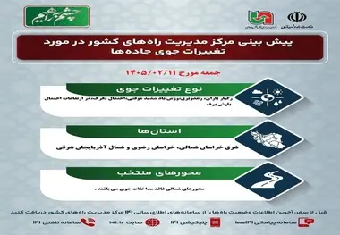 پیش‌ بینی تغییرات جوی در جاده‌ های کشور در روز جمعه ۱۱ اردیبهشت‌ماه ۱۴۰۵

