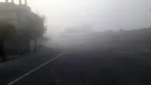 فیلم لحظه برخورد کامیون با چند خودرو در هوای مه آلود