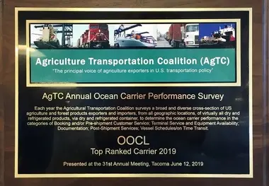 OOCL receives the “Top Ranked Carrier 2019″ from AgTC