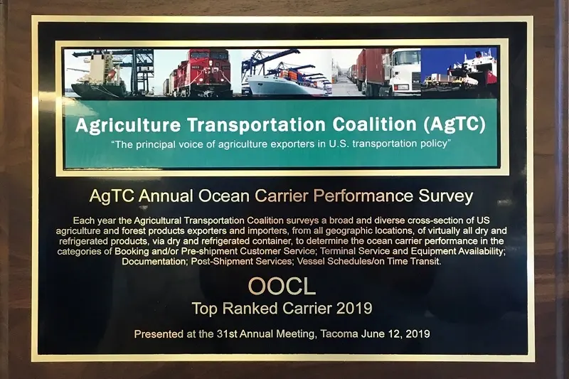 OOCL receives the “Top Ranked Carrier 2019″ from AgTC