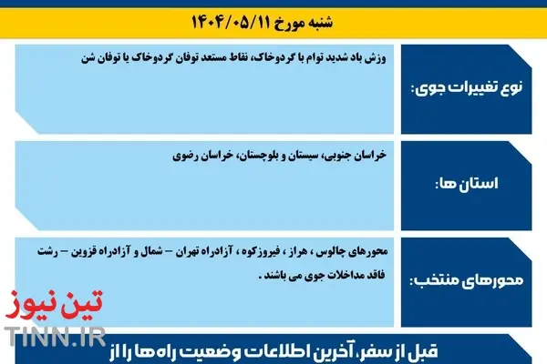 اینفوگرافیک| پیش‌بینی تغییرات جوی جاده ها در یازدهمین روز مرداد ماه