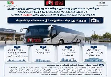 اطلاع‌نگاشت/ موقعیت استقرار و مکان توقف اتوبوس‌های برون‌شهری در شهر مشهد به تفکیک ورودی و استان‌ها؛ همزمان با آئین خاکسپاری رهبر شهید انقلاب