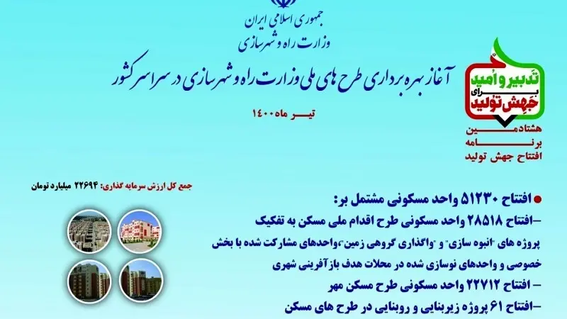 افتتاح طرح‌های وزارت راه و شهرسازی با حضور رئیس جمهور؛ امروز 